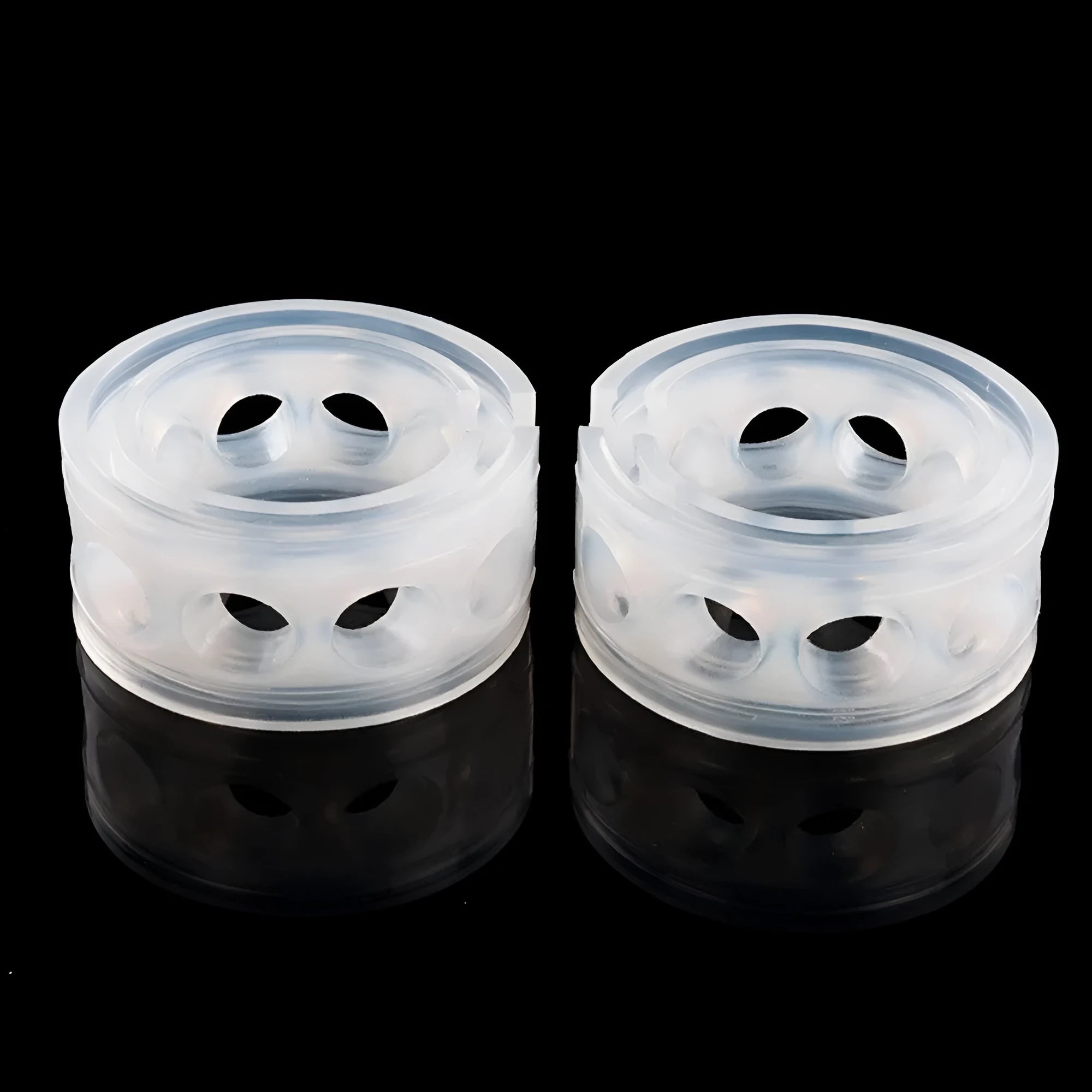 Two transparent rubber spring shock absorbers for car modification, shown with size chart.