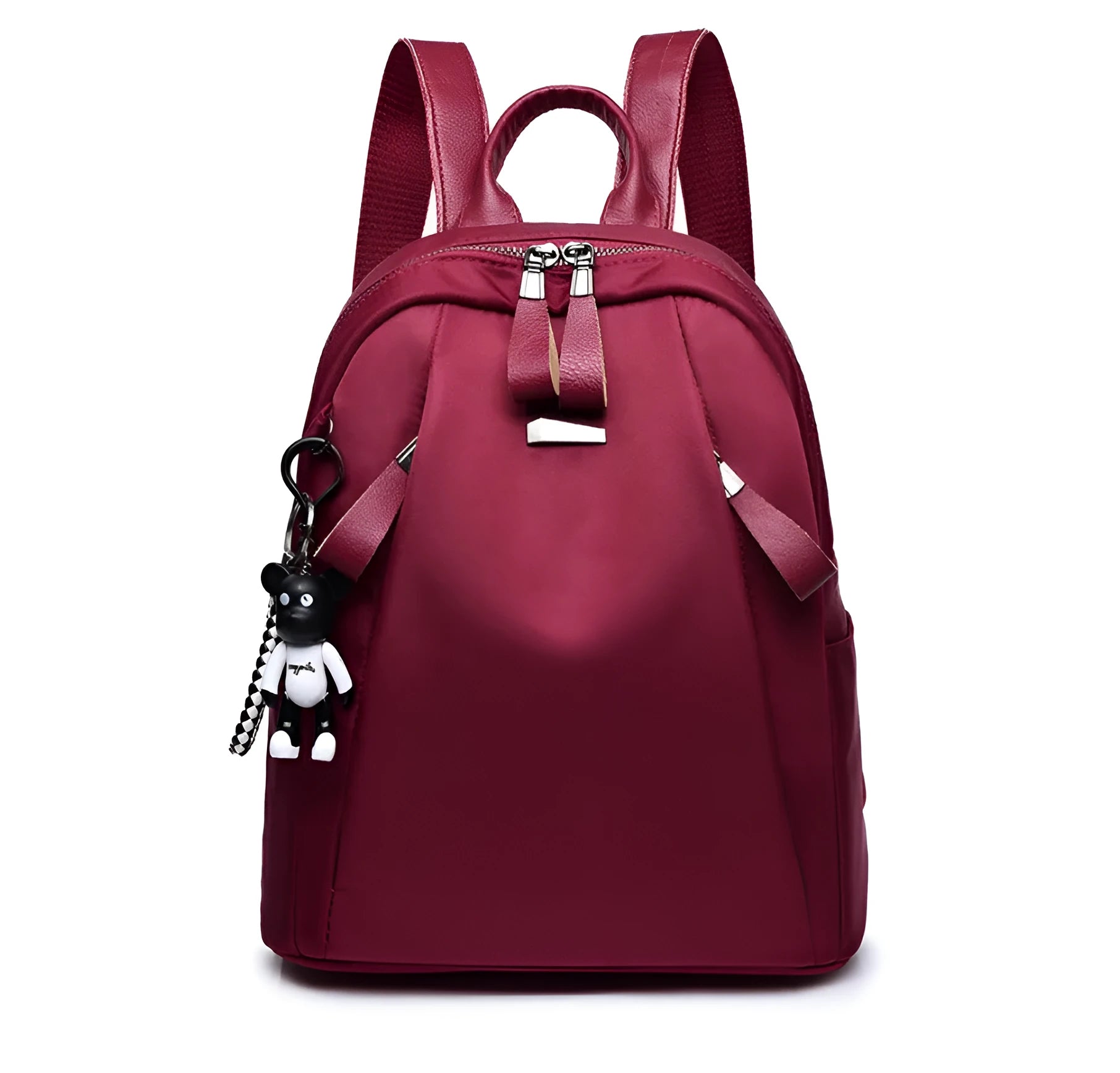 Medium-sized wine red Oxford cloth rucksack with double straps and a soft handle.