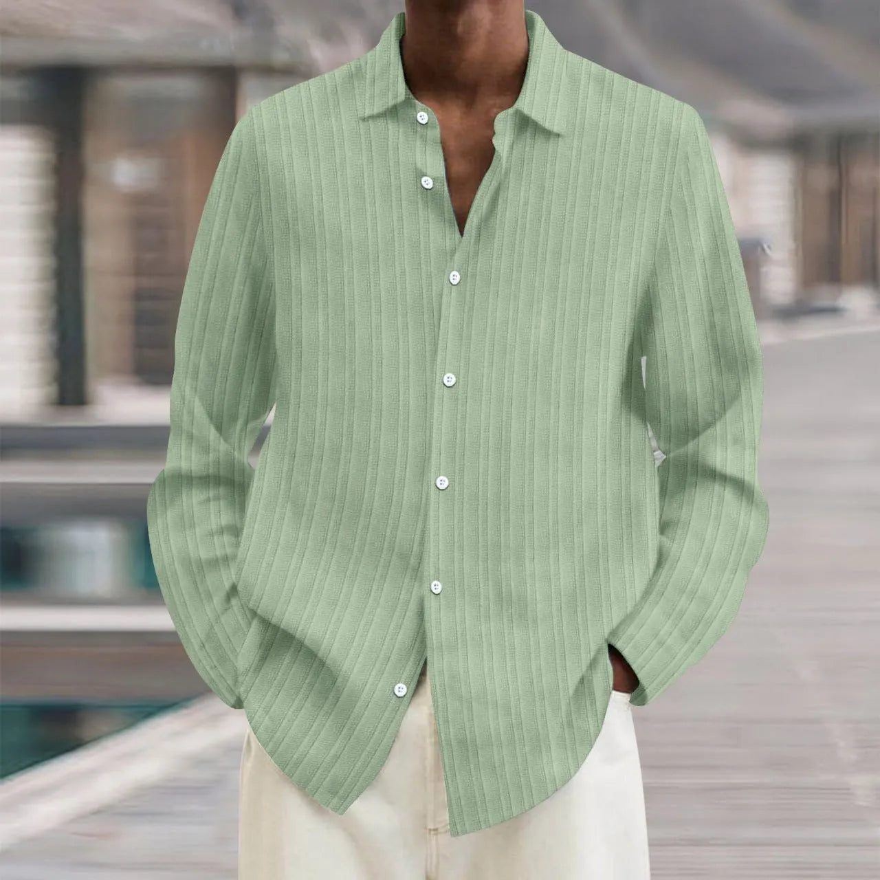 Men's striped long sleeve cardigan shirt in a loose British style fit, showing 3D pattern detail.
