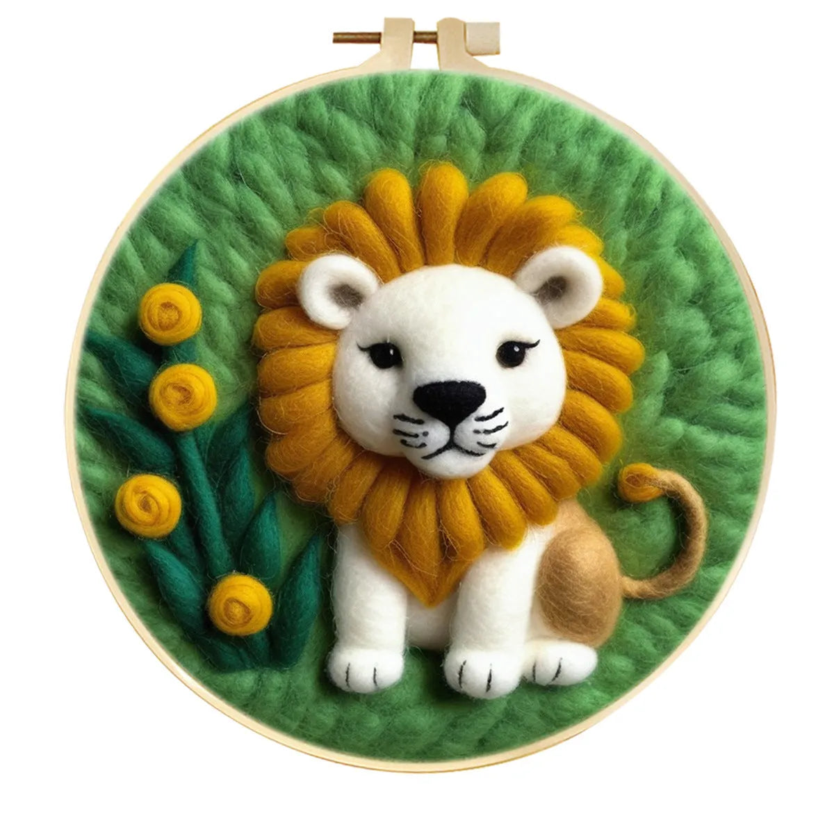 Round linen embroidery kit with wool felt materials for three-dimensional floral design