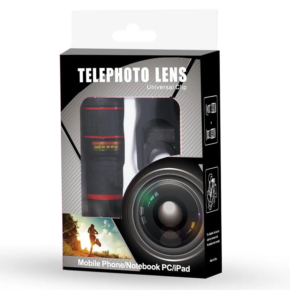 20x mobile phone telescope lens with universal mounting clip and single eye mask on a white background.