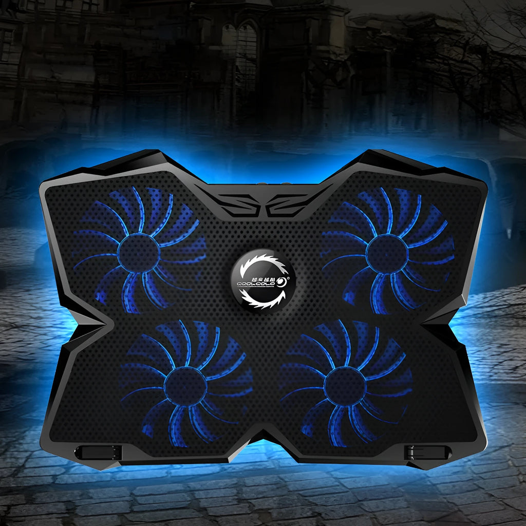 Blue laptop cooling base with four illuminated fans and two USB ports for computer heat dissipation