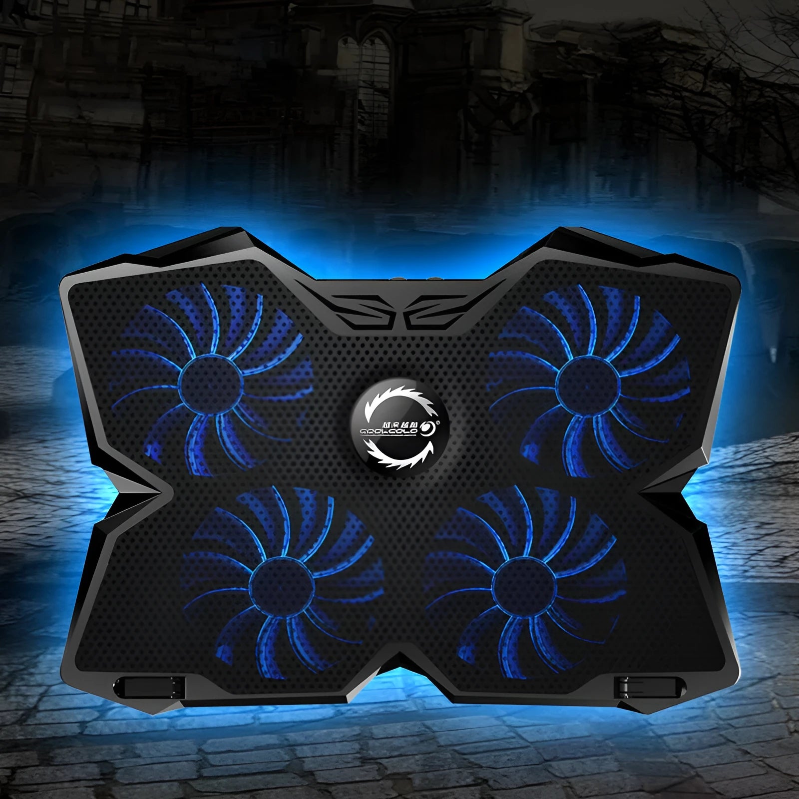 Blue laptop cooling base with four illuminated fans and two USB ports for computer heat dissipation