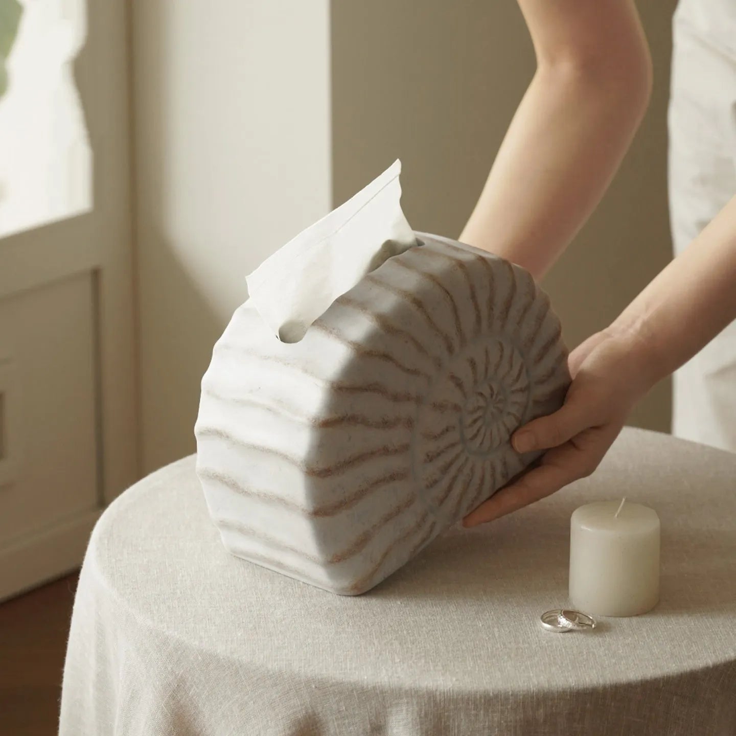 Resin tissue box decoration in conch ramble colour with modern minimalist seashell design
