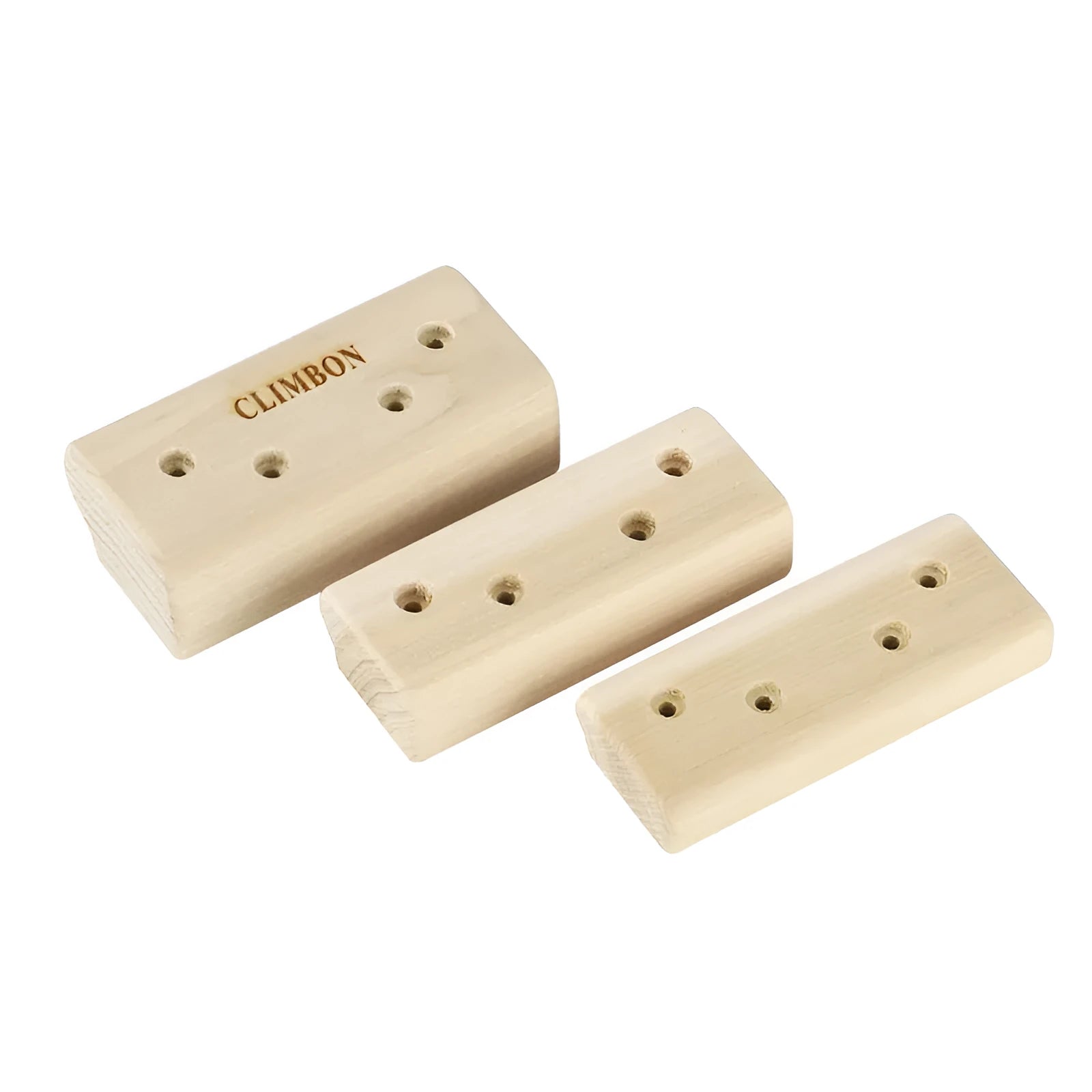 Three wooden hangboards for grip strength training in different lengths mounted for exercise