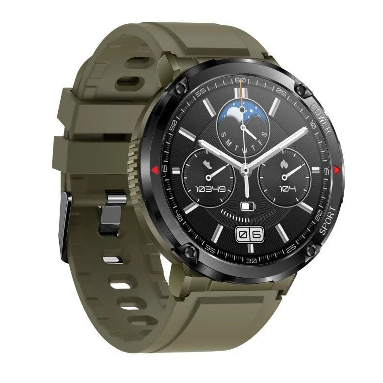 T30 smart watch with circular IPS screen on a silicone strap, showing health metrics and call interface.