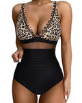 Women's high waist one-piece swimsuit in light green and black leopard print colours.