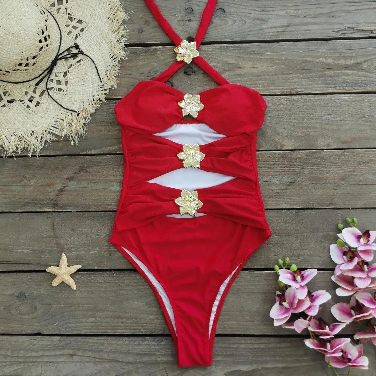 Solid colour high-waisted one-piece swimsuit with hollow-out tube top and matching short skirt for women.