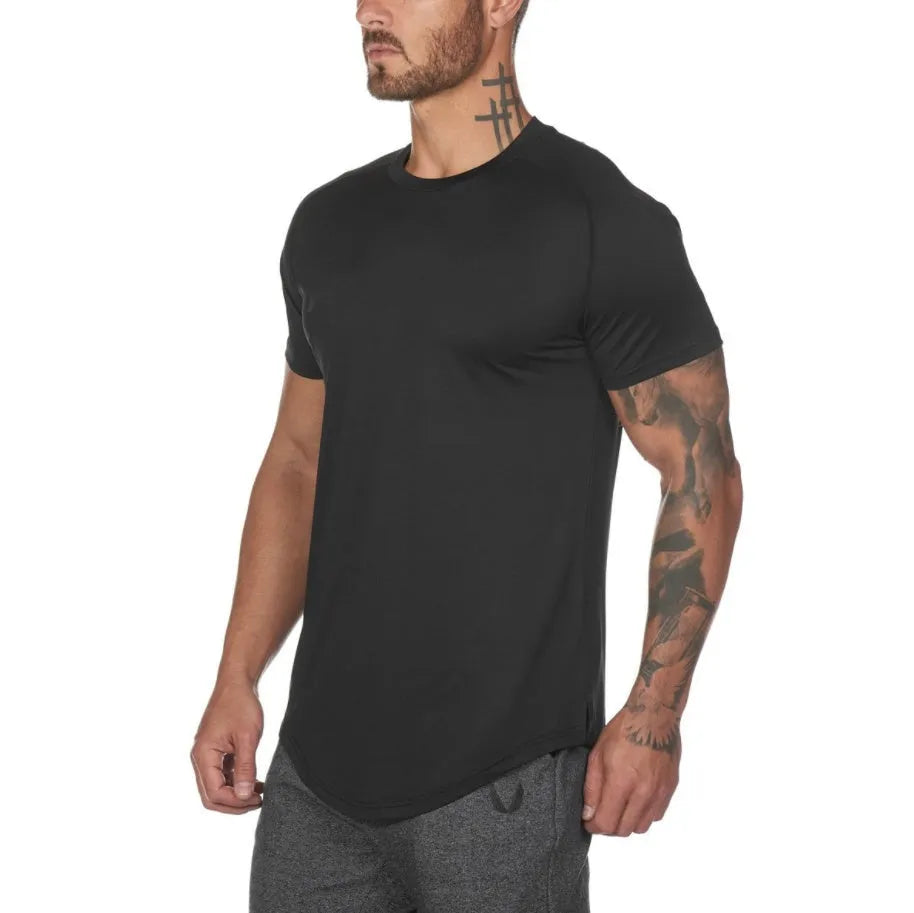 Men's plain gym shirt in cotton-spandex blend available in army green, black, and white colours with size options