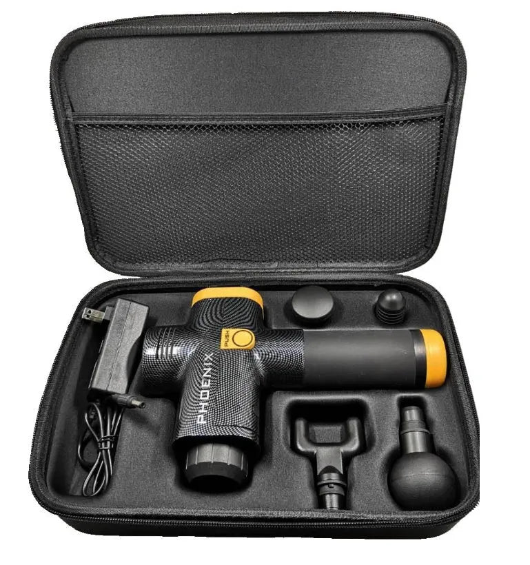 Black fascia massage gun with four different coloured massage heads on a grey background.