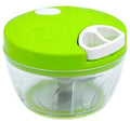 Green manual kitchen chopper with lid, three stainless steel blades visible inside 500ml bowl.