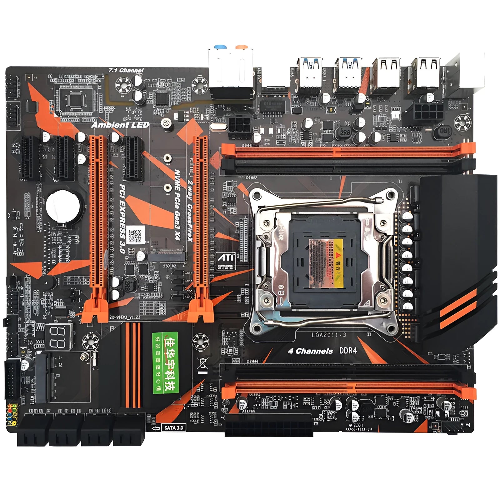 Black X99 desktop computer motherboard with LGA2011-3 CPU socket, four DDR4 slots, and dual PCI-E x16 graphics card slots