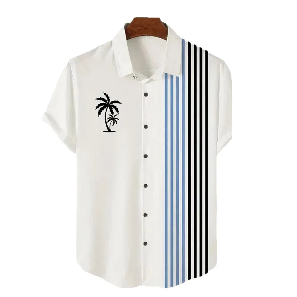 Men's short-sleeved Hawaiian shirt with a colourful 3D printed pattern on a polyester blend fabric.