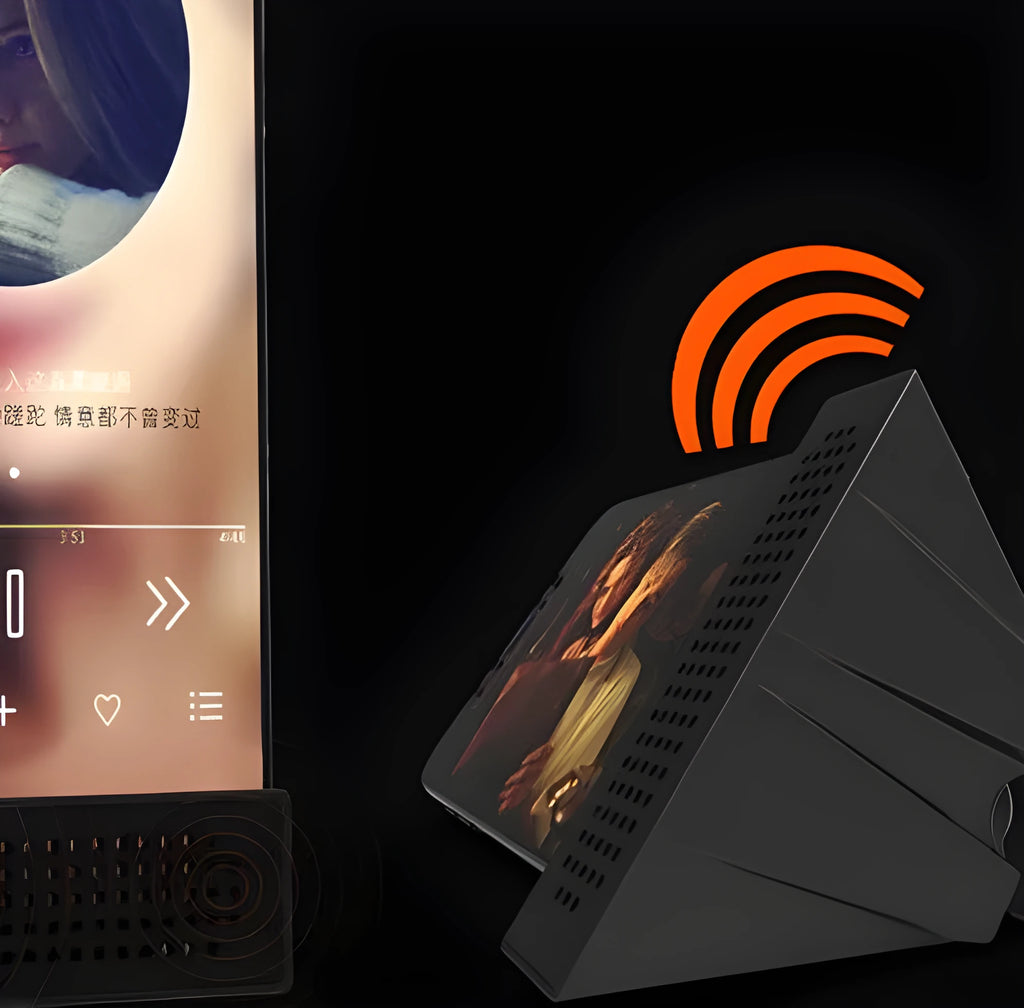 Portable Apple-compatible phone amplifier bracket in multiple colours on desktop
