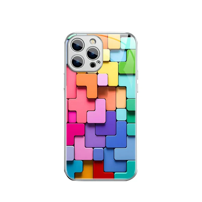 Colourful cartoon geometric design silicone back cover case for iPhone 14 Pro Max on a table.