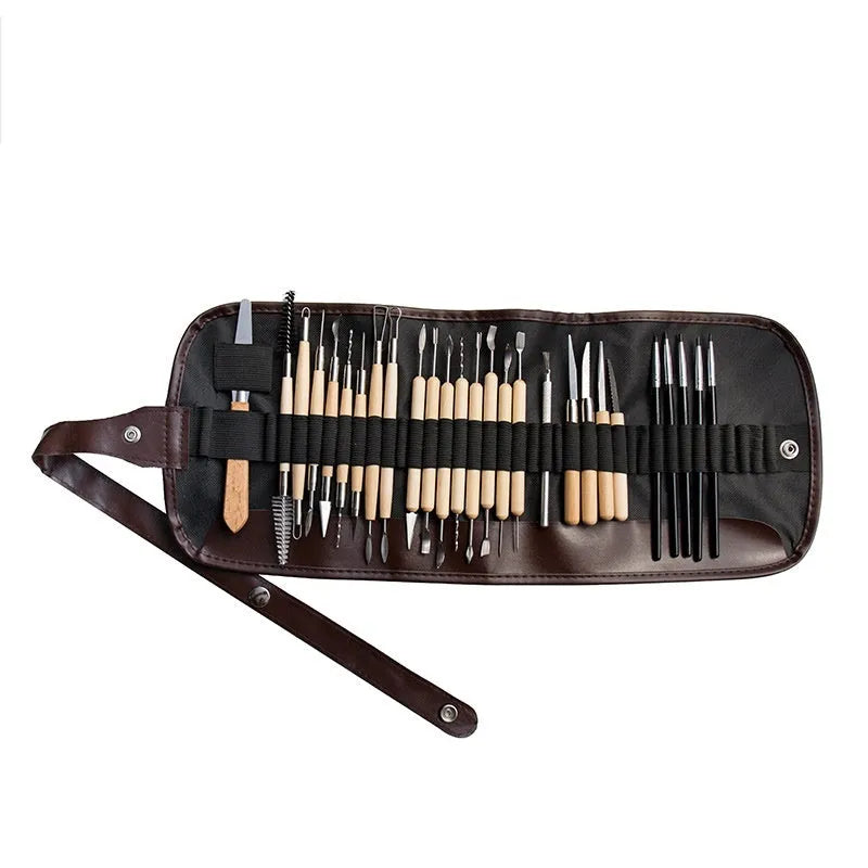 27-piece pottery tool set with roller, featuring wood, stainless steel, and plastic sculpting tools on a table.