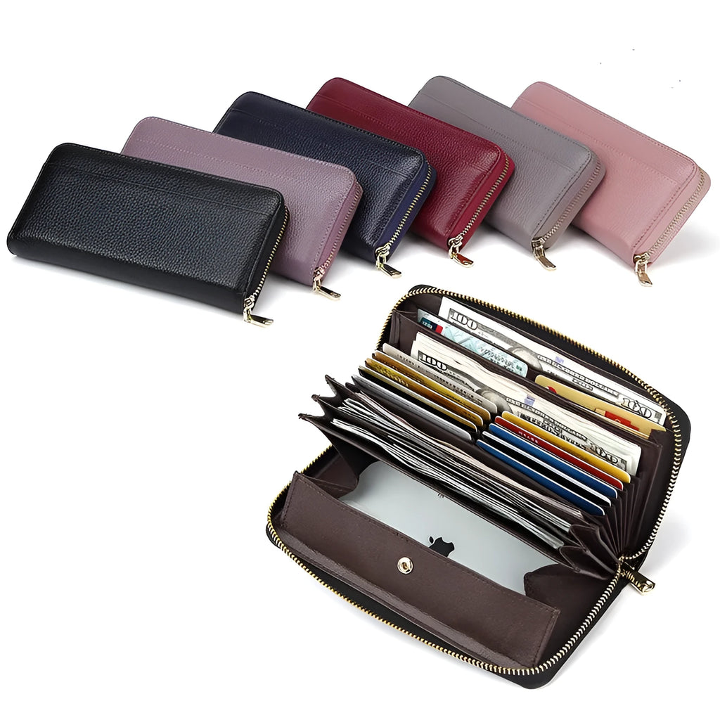 Genuine leather long wallet in six colour options showing large capacity and anti-theft card swiping function