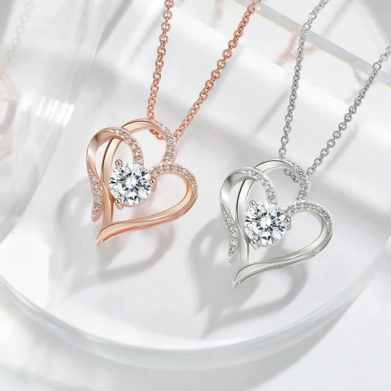Women's heart-shaped 925 silver necklace shown in rose gold, white gold, and yellow gold plating options.