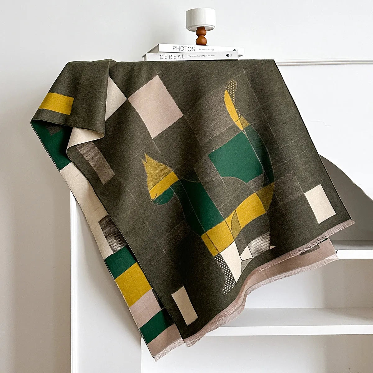 Long beige imitation cashmere scarf draped to show its 185cm length and texture.
