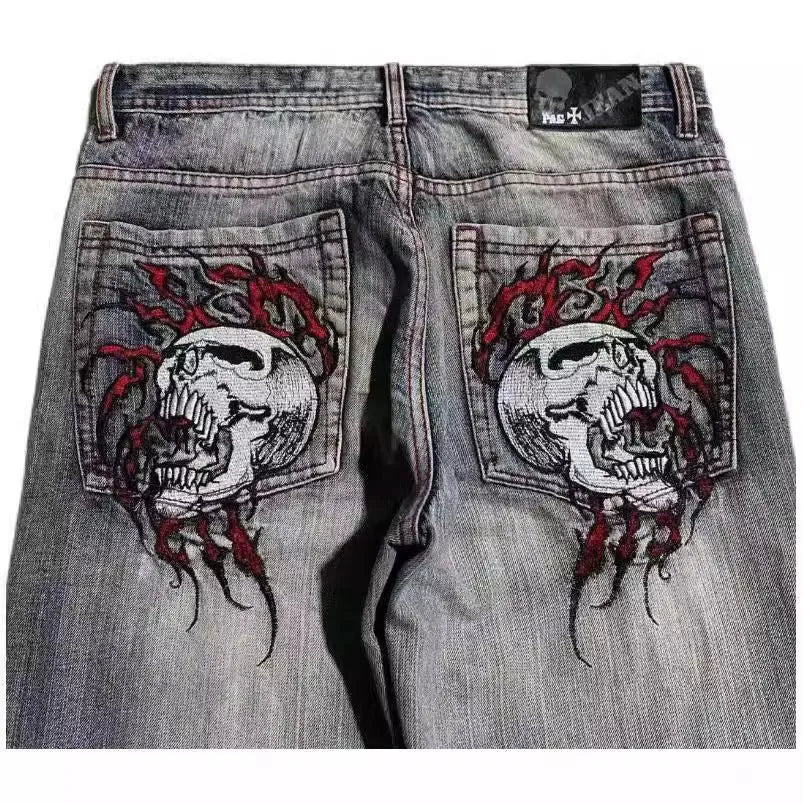 Men's grey washed-out denim jeans with wide-leg workwear design and straight-leg style