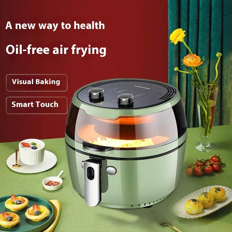 Air fryer oven with viewing window on countertop, showing 8-litre capacity and mechanical button controls.