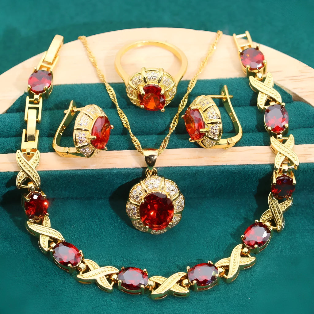 18k gold-plated zircon jewellery set with necklace, earrings, ring and bracelet in synthetic cubic zirconia