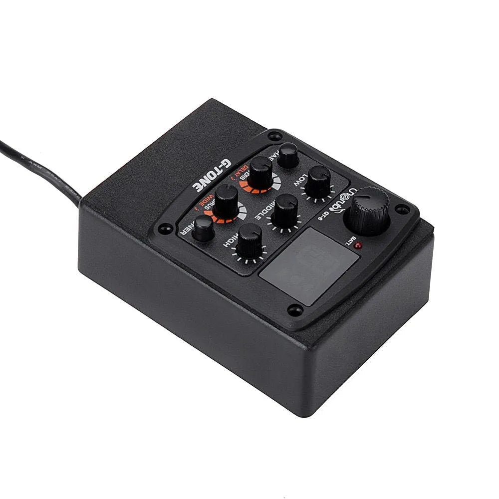 Cherub GT-6 black acoustic guitar EQ pickup unit with control knobs for 3-band EQ and built-in effects.