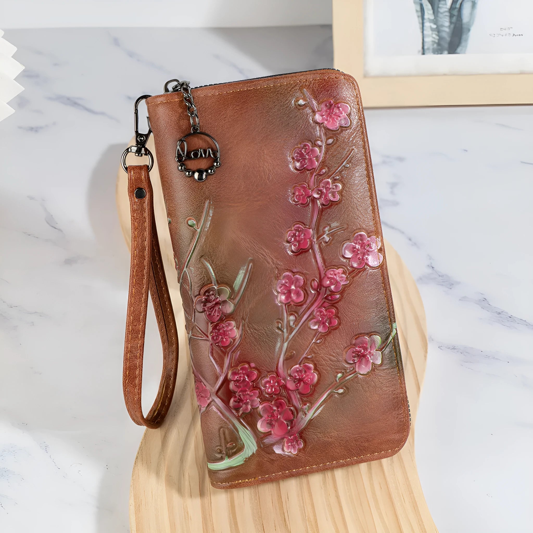 Embossed floral handbag with hand-painted Chinese details and zipper closure in black, brown, or coffee