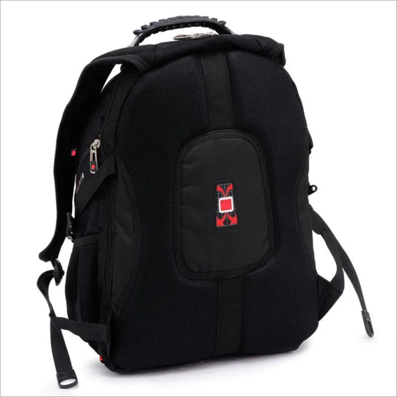 Black business computer backpack with multiple compartments open, showing laptop sleeve and organiser pockets