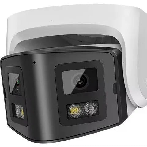 4MP dual-lens panoramic CCTV security camera with IP66 rating for outdoor use.