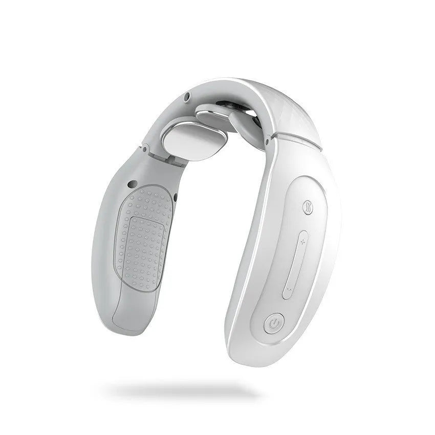 Small red or white intelligent cervical massager unit with battery, for neck, back and leg relief.