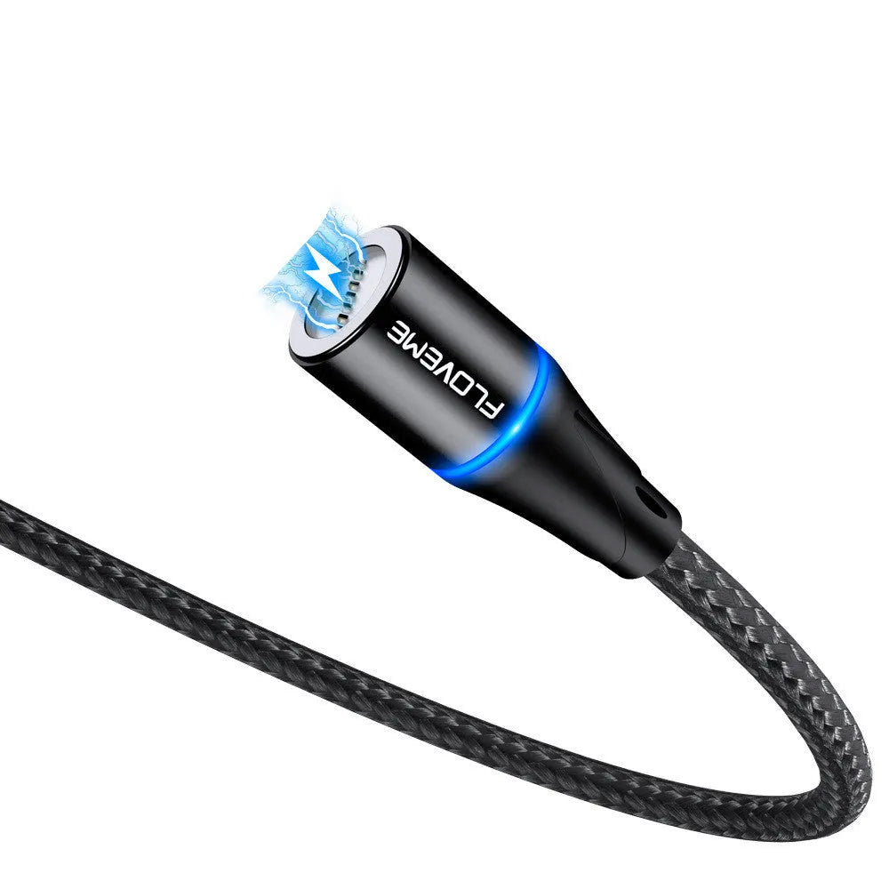 Magnetic USB fast charge and data cable for iPhone and Android phones in black, red, or silver.