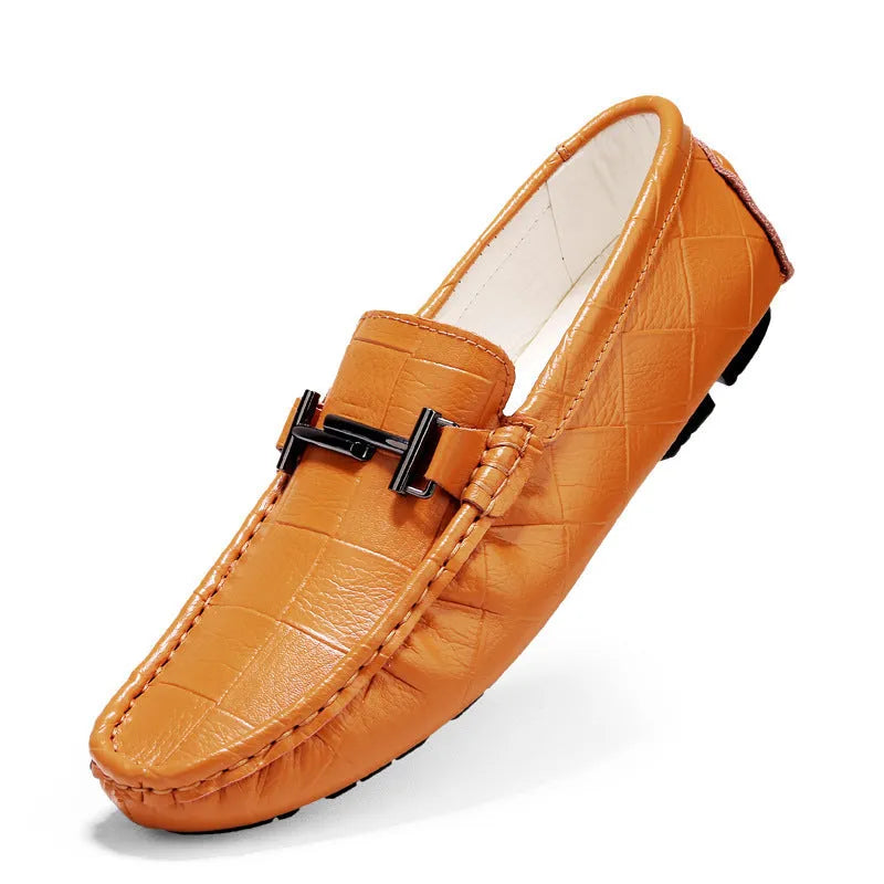 Men's black casual leather shoes with a belt buckle and flat rubber sole