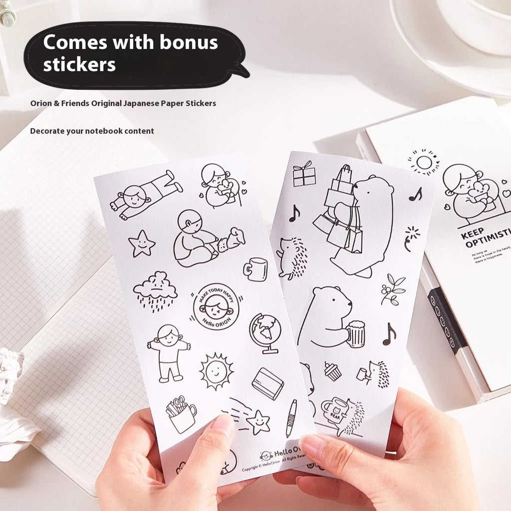 Small white paper notebook with plaid interior and simple cute style, includes stickers.