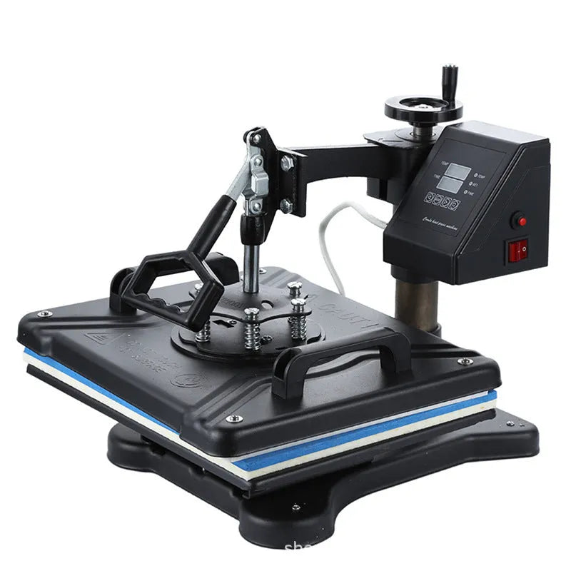 Black 1250W heat transfer machine with large platen for t-shirt and fabric printing.