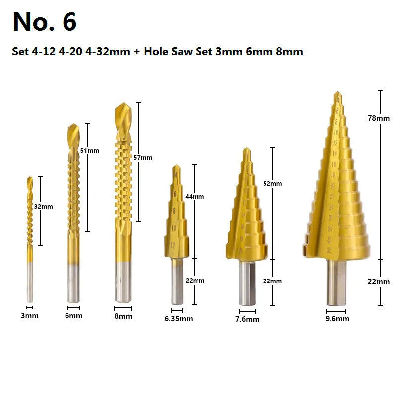 Step drill bit set with centre punch showing cone-shaped bits and colour-coded handles