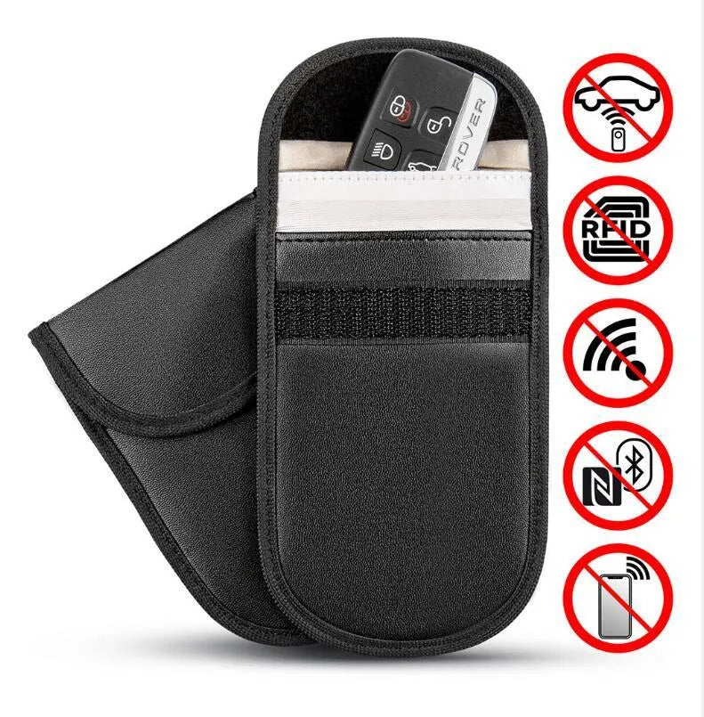 Black microfiber RFID blocking bag for mobile phones and credit cards, measuring 13.5 by 9.5 cm.
