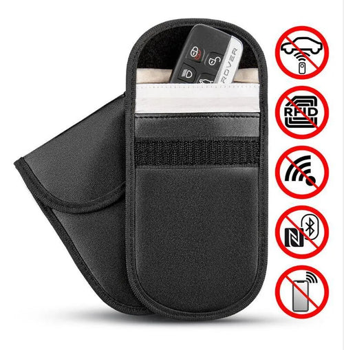 Black microfiber RFID blocking bag for mobile phones and credit cards, measuring 13.5 by 9.5 cm.