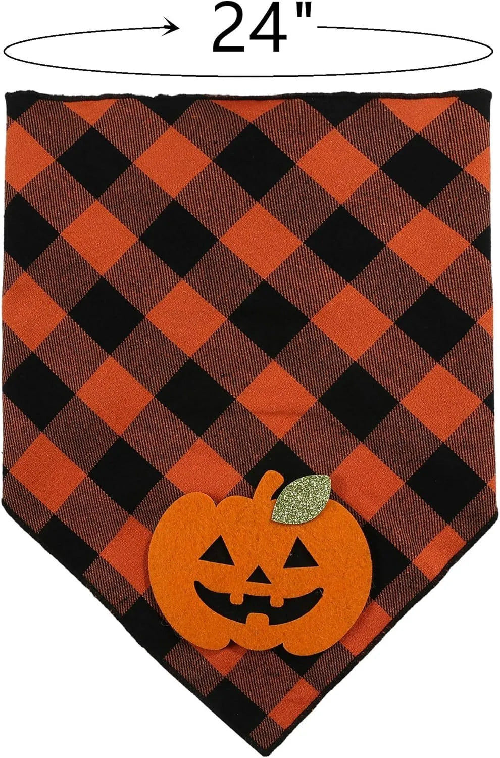 Orange plaid Halloween dog bandana with pumpkin and white skeleton appliques on polyester fabric