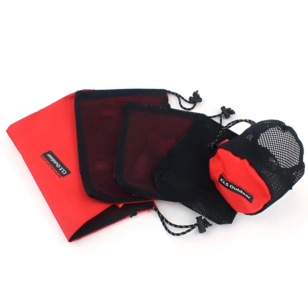 Red outdoor travel storage bag set with zippered compartments and mesh panels
