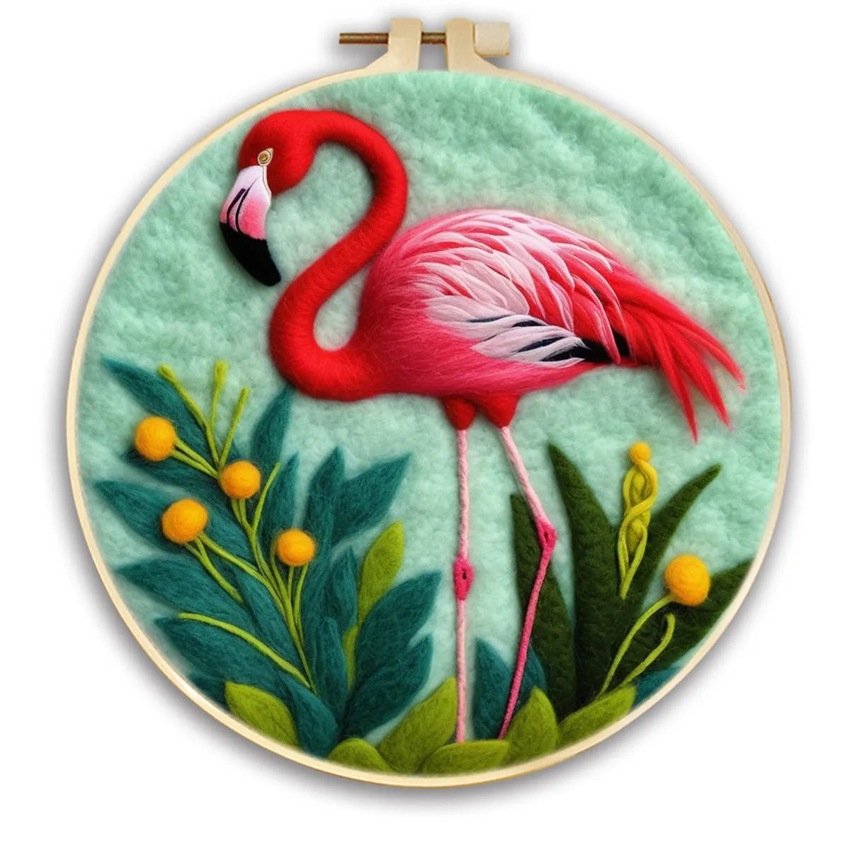 Round linen embroidery kit with wool felt materials for three-dimensional floral design