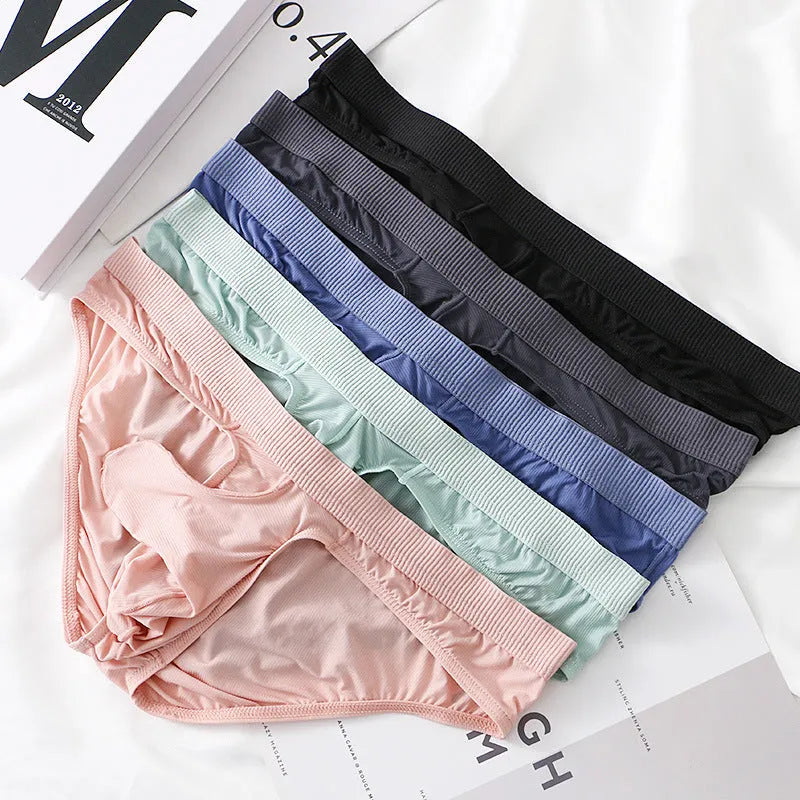 Men's low waist briefs in ice silk fabric showing colour options and low waist design