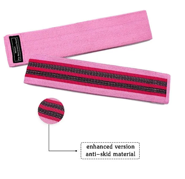 Set of three fabric resistance bands in lake blue, pink, and purple colours with net storage bag