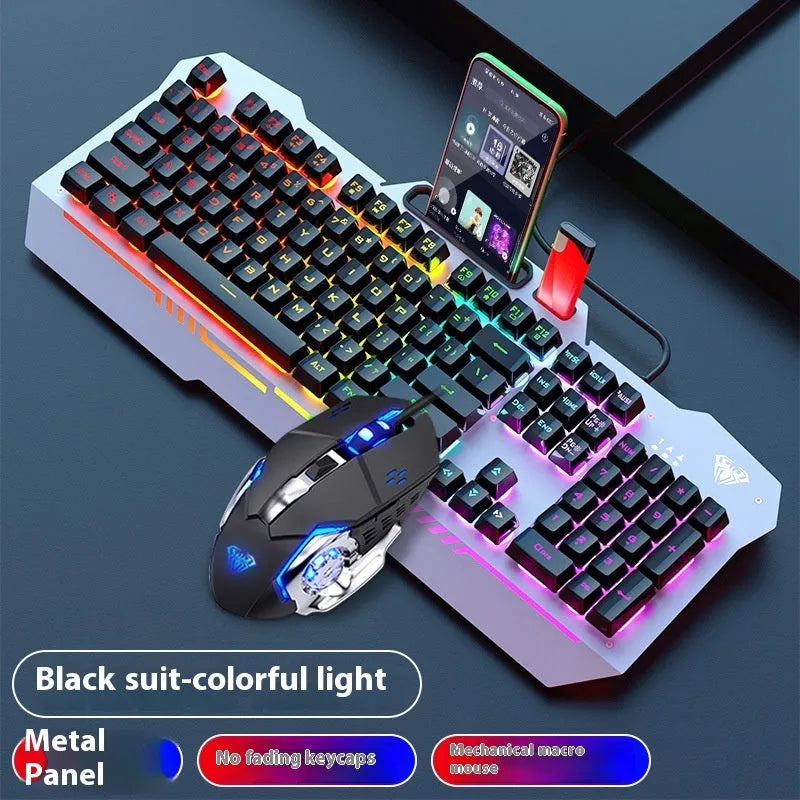 Metal mechanical keyboard bundle with gaming mouse, headset, and optional mouse pad on a desk.