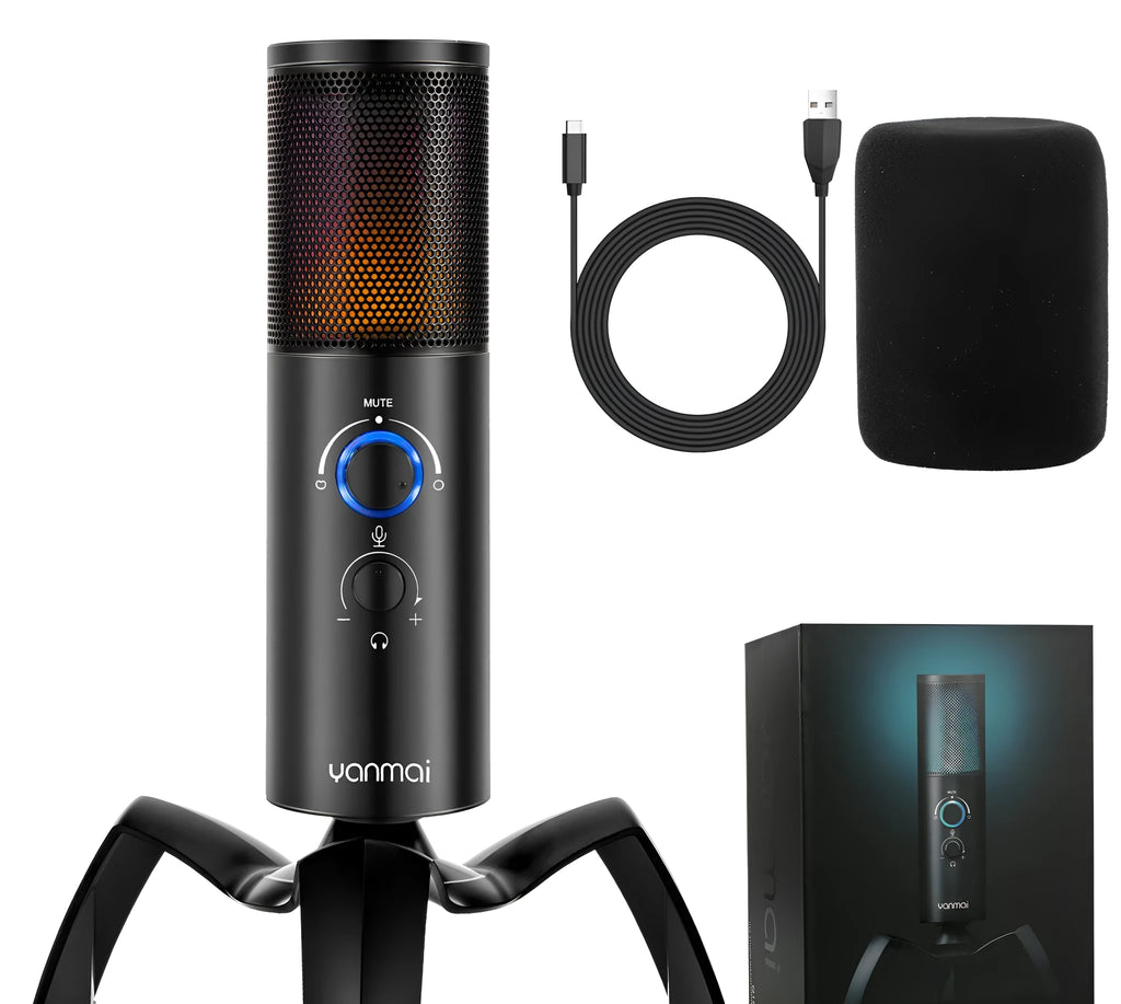Black Q18 USB condenser microphone with RGB light on adjustable metal tripod.