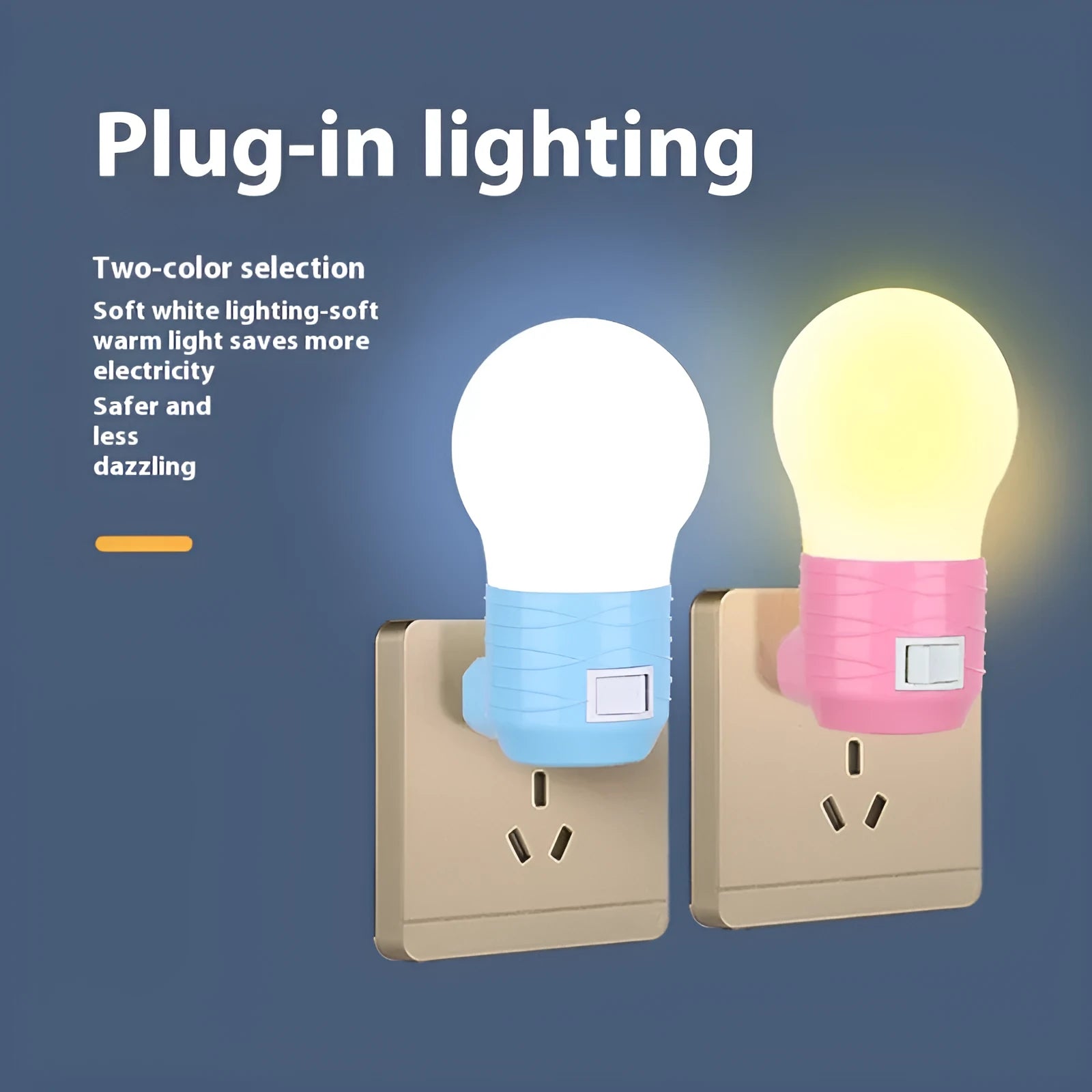 Plug-in bedside baby night light in white, blue or pink with round modern design