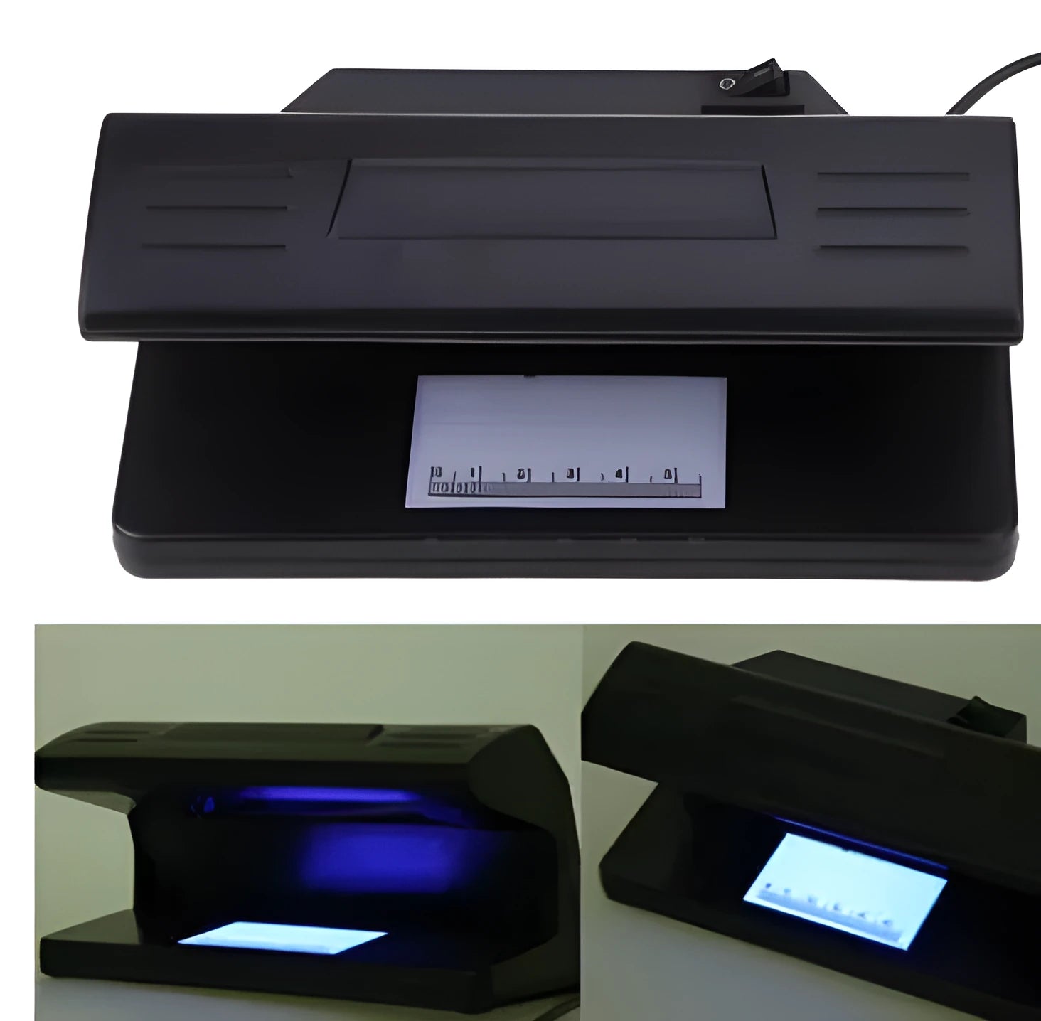 EU Plug 4W UV Light Money Detector Checker in black, size 183 x 82 x 90mm, with ON/OFF switch and EU plug.