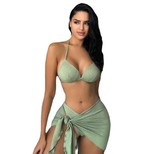 Women's three piece swimsuit set with Russian split design in polyester fabric