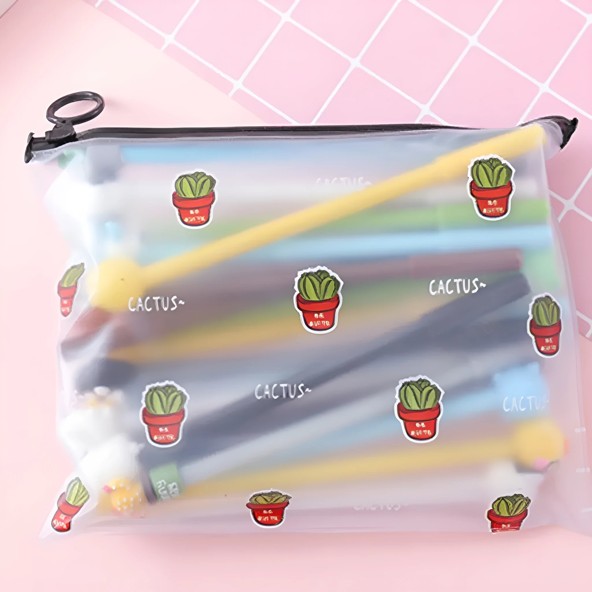 Set of twenty 0.5mm black pens with cactus cartoon designs inside a matching plastic pen case.
