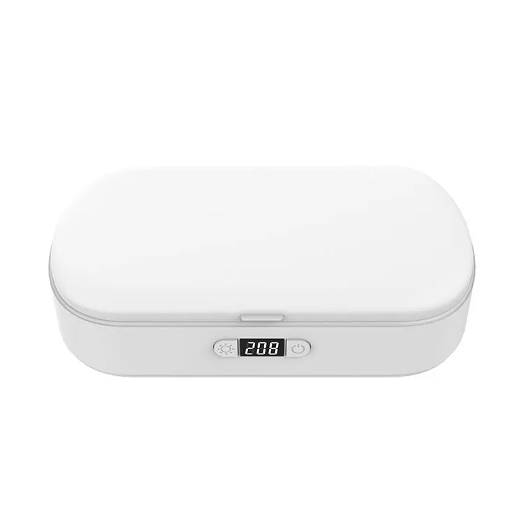 White ABS wireless UV steriliser box for phones and jewellery with USB cable.
